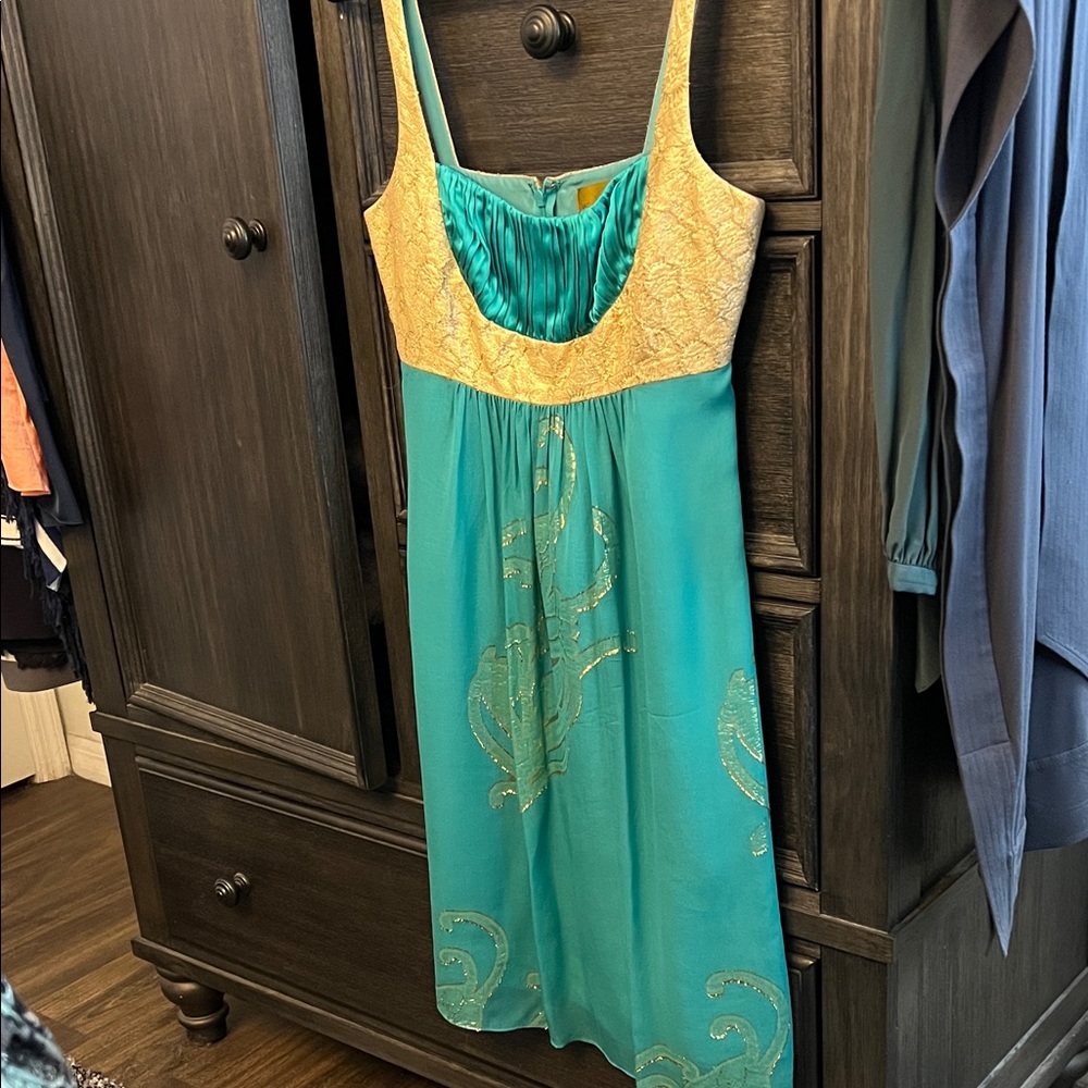 Nicole Miller Teal and Gold Dress